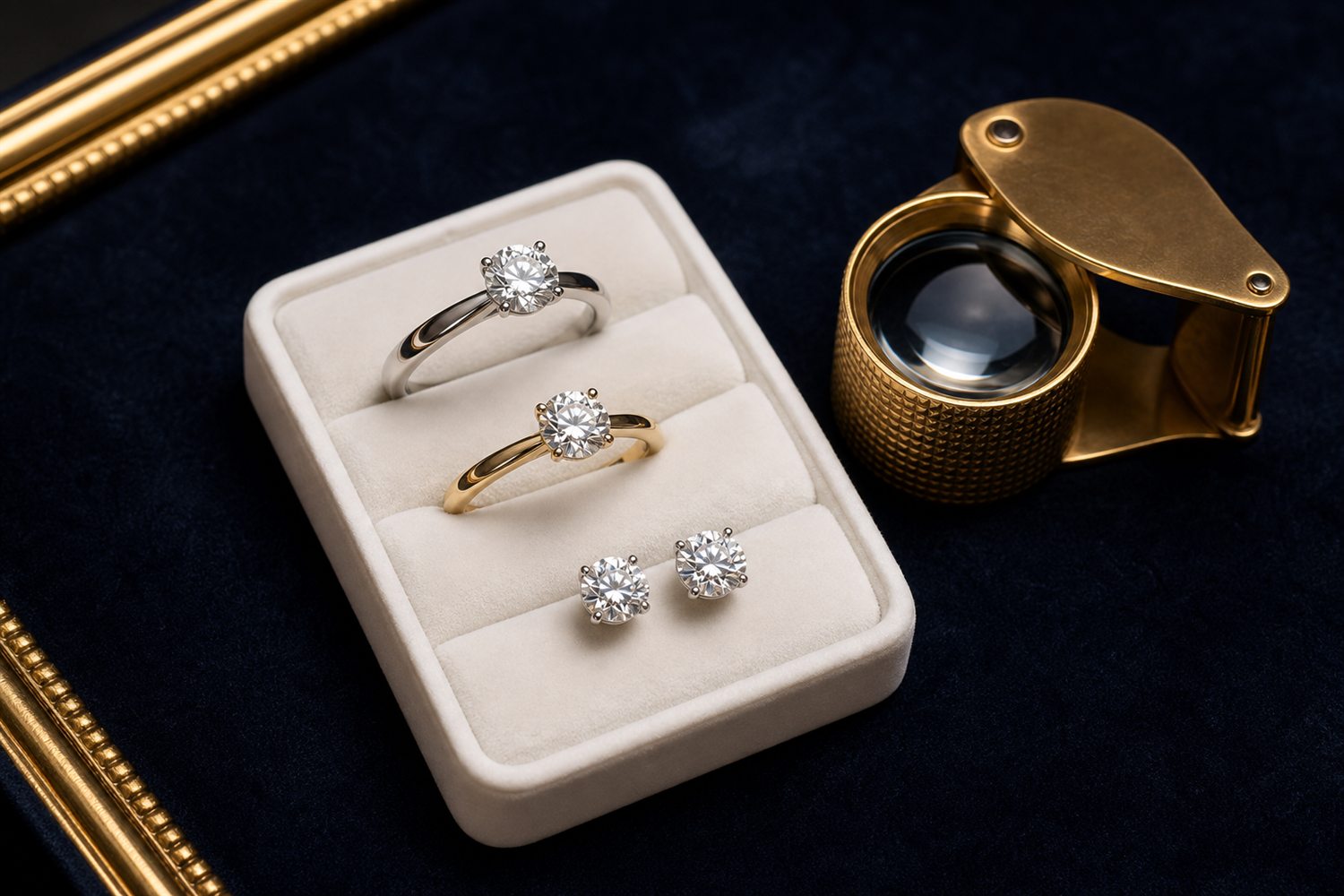 Zwei Diamant-Solit&auml;rringe und Diamant-Ohrstecker auf einem hellen Steintablett auf dunklem Samt &ndash; Diamantschmuck-Ankauf Berlin