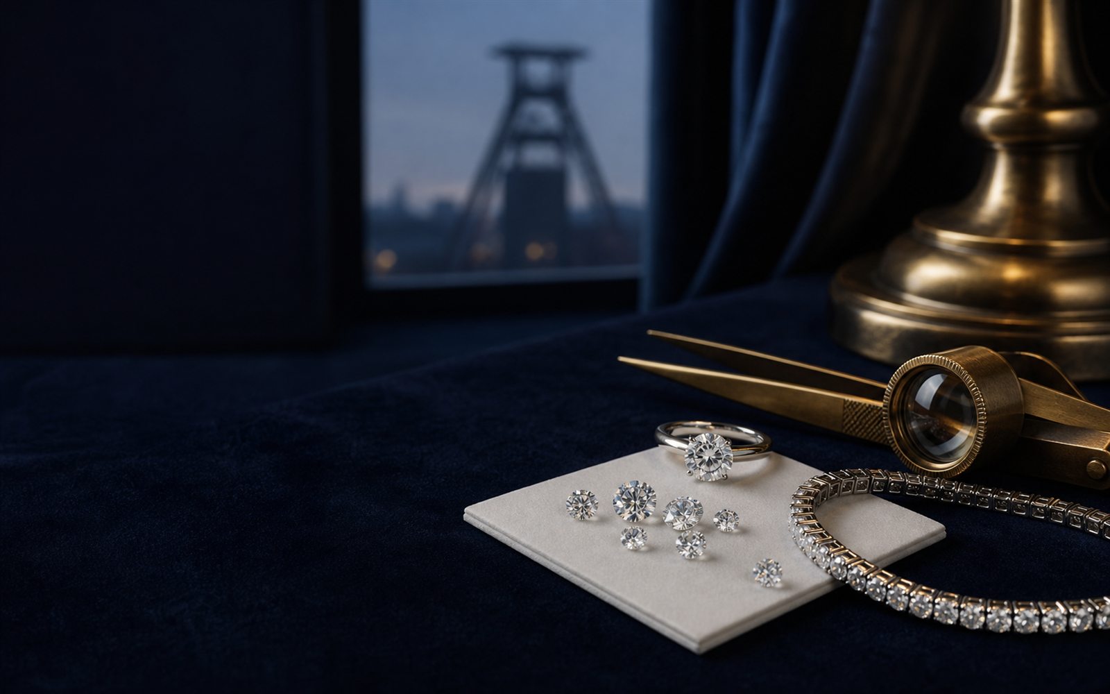 Lose Brillanten auf einem Steinpapier, ein Solit&auml;rring und ein Diamantarmband auf dunklem Samt, daneben Lupe und Pinzette, im Hintergrund die Silhouette eines Bochumer F&ouml;rderturms &ndash; Diamant verkaufen Bochum