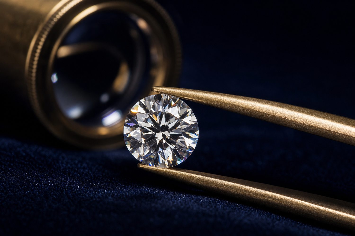 Loser Brillant in einer Pinzette unter der Lupe betrachtet auf dunklem Samt &ndash; Diamant-Bewertung nach den 4 C in Bochum