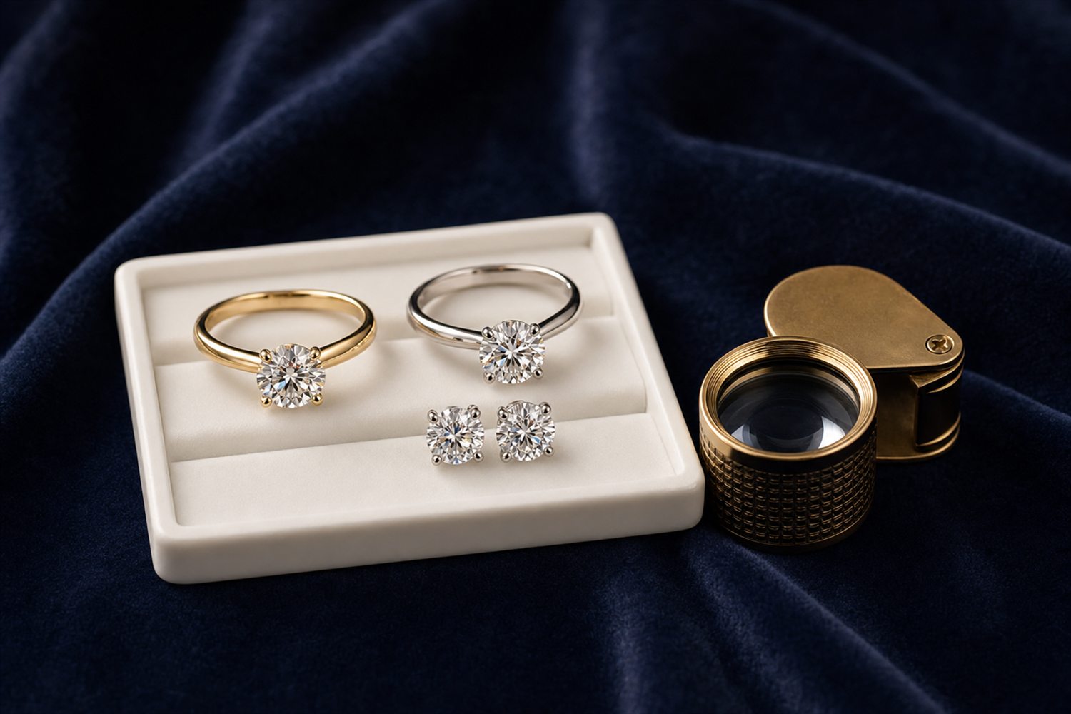 Zwei Diamant-Solit&auml;rringe und Diamant-Ohrstecker auf einem hellen Steintablett auf dunklem Samt &ndash; Diamantschmuck-Ankauf Bochum