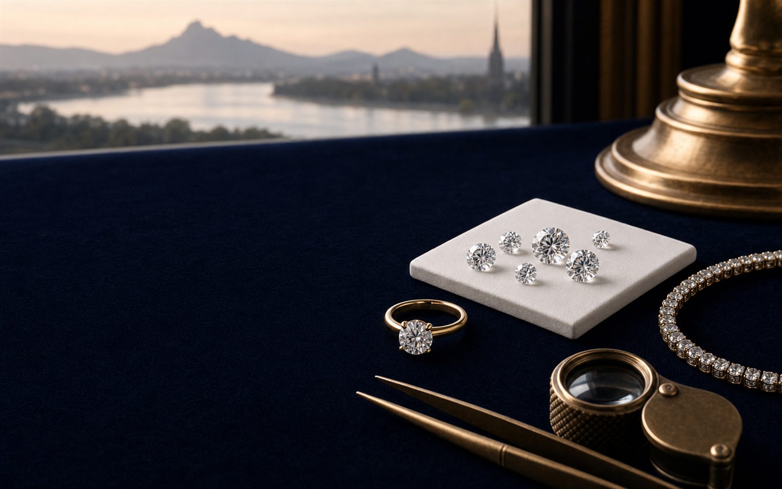 Lose Brillanten auf einem Steinpapier, ein Solit&auml;rring und ein Diamantarmband auf dunklem Samt, daneben Lupe und Pinzette, im Hintergrund der markante Turm des Bonner M&uuml;nsters &ndash; Diamant verkaufen Bonn
