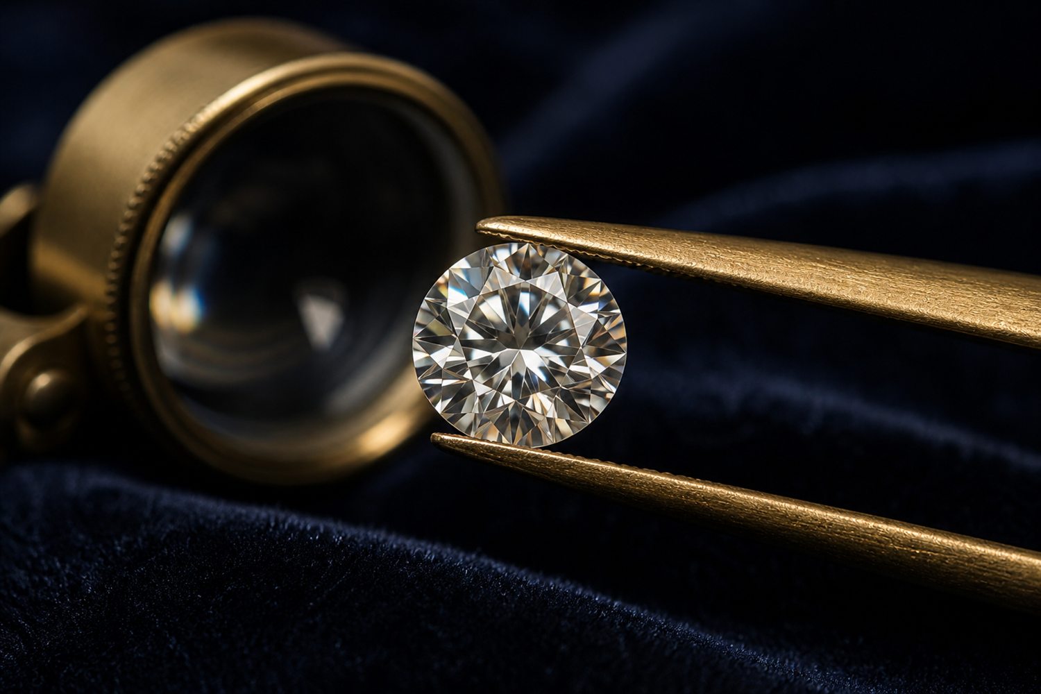 Loser Brillant in einer Pinzette unter der Lupe betrachtet auf dunklem Samt &ndash; Diamant-Bewertung nach den 4 C in Bonn