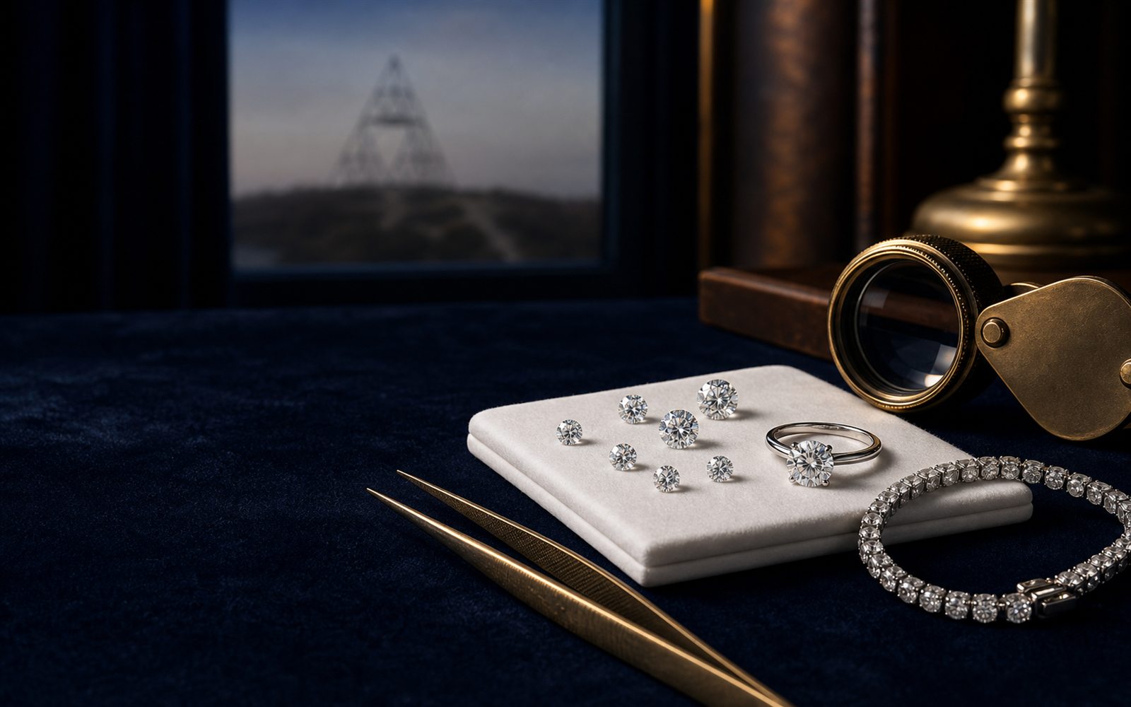 Lose Brillanten auf einem Steinpapier, ein Solit&auml;rring und ein Diamantarmband auf dunklem Samt, daneben Lupe und Pinzette, im Hintergrund die Doppelturm-Silhouette des Bottroper Doms &ndash; Diamant verkaufen Bottrop