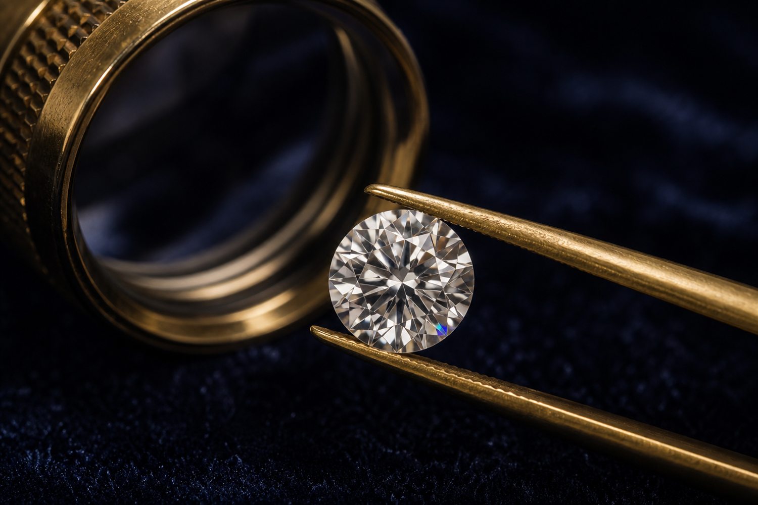 Loser Brillant in einer Pinzette unter der Lupe betrachtet auf dunklem Samt &ndash; Diamant-Bewertung nach den 4 C in Bottrop