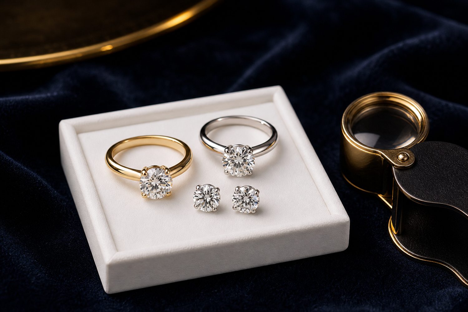 Zwei Diamant-Solit&auml;rringe und Diamant-Ohrstecker auf einem hellen Steintablett auf dunklem Samt &ndash; Diamantschmuck-Ankauf Bottrop