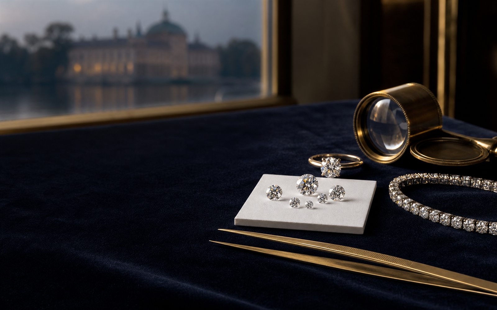 Lose Brillanten auf einem Steinpapier, ein Solit&auml;rring und ein Diamantarmband auf dunklem Samt, daneben Lupe und Pinzette, im Hintergrund die Silhouette eines m&auml;rkischen Gutshauses &ndash; Diamant verkaufen Brandenburg