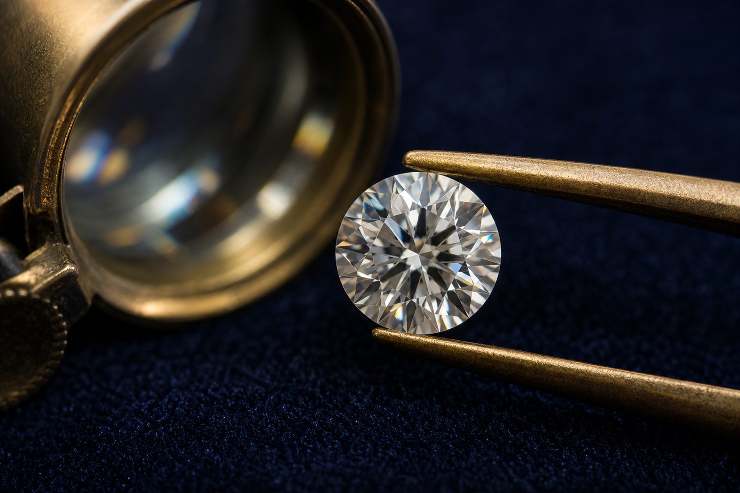 Loser Brillant in einer Pinzette unter der Lupe betrachtet auf dunklem Samt &ndash; Diamant-Bewertung nach den 4 C in Brandenburg