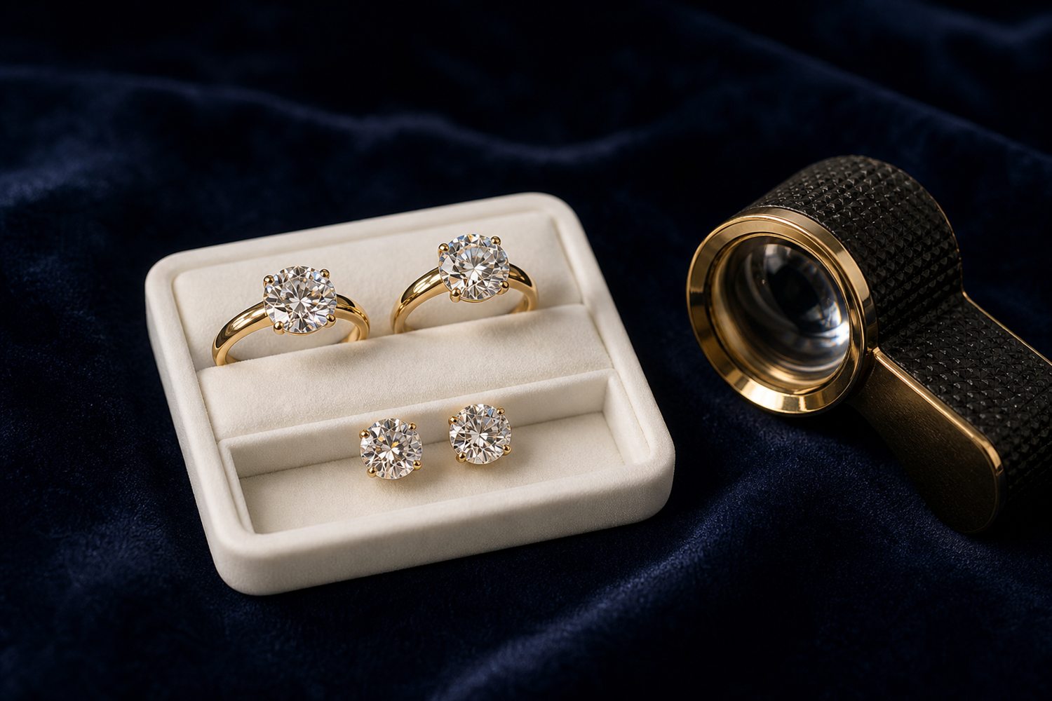 Zwei Diamant-Solit&auml;rringe und Diamant-Ohrstecker auf einem hellen Steintablett auf dunklem Samt &ndash; Diamantschmuck-Ankauf Brandenburg