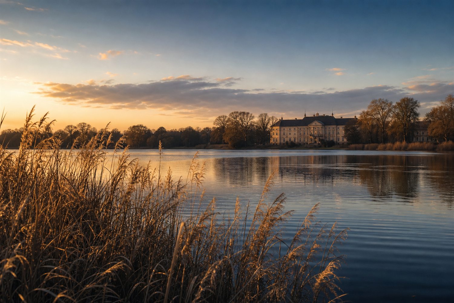 Ein historisches m&auml;rkisches Gutshaus mit altem Baumbestand in Brandenburg im Abendlicht &ndash; Diamant-Ankauf Region Brandenburg