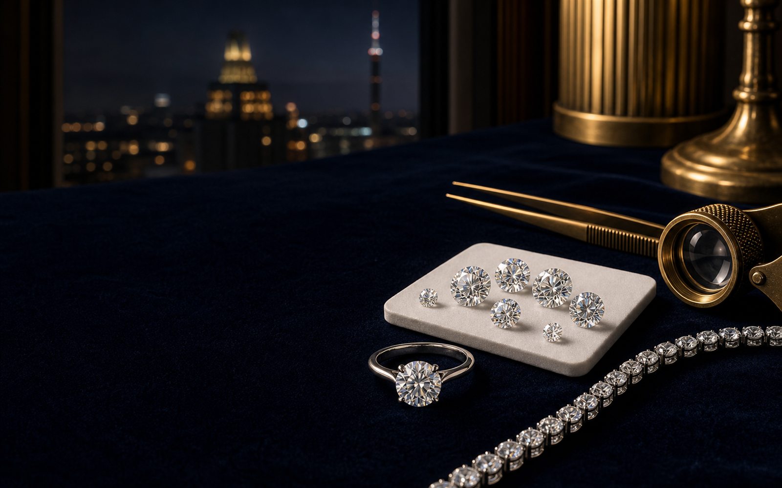 Lose Brillanten auf einem Steinpapier, ein Solit&auml;rring und ein Diamantarmband auf dunklem Samt, daneben Lupe und Pinzette, im Hintergrund die Silhouette des Dortmunder U &ndash; Diamant verkaufen Dortmund