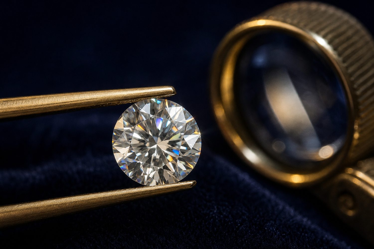 Loser Brillant in einer Pinzette unter der Lupe betrachtet auf dunklem Samt &ndash; Diamant-Bewertung nach den 4 C in Dortmund