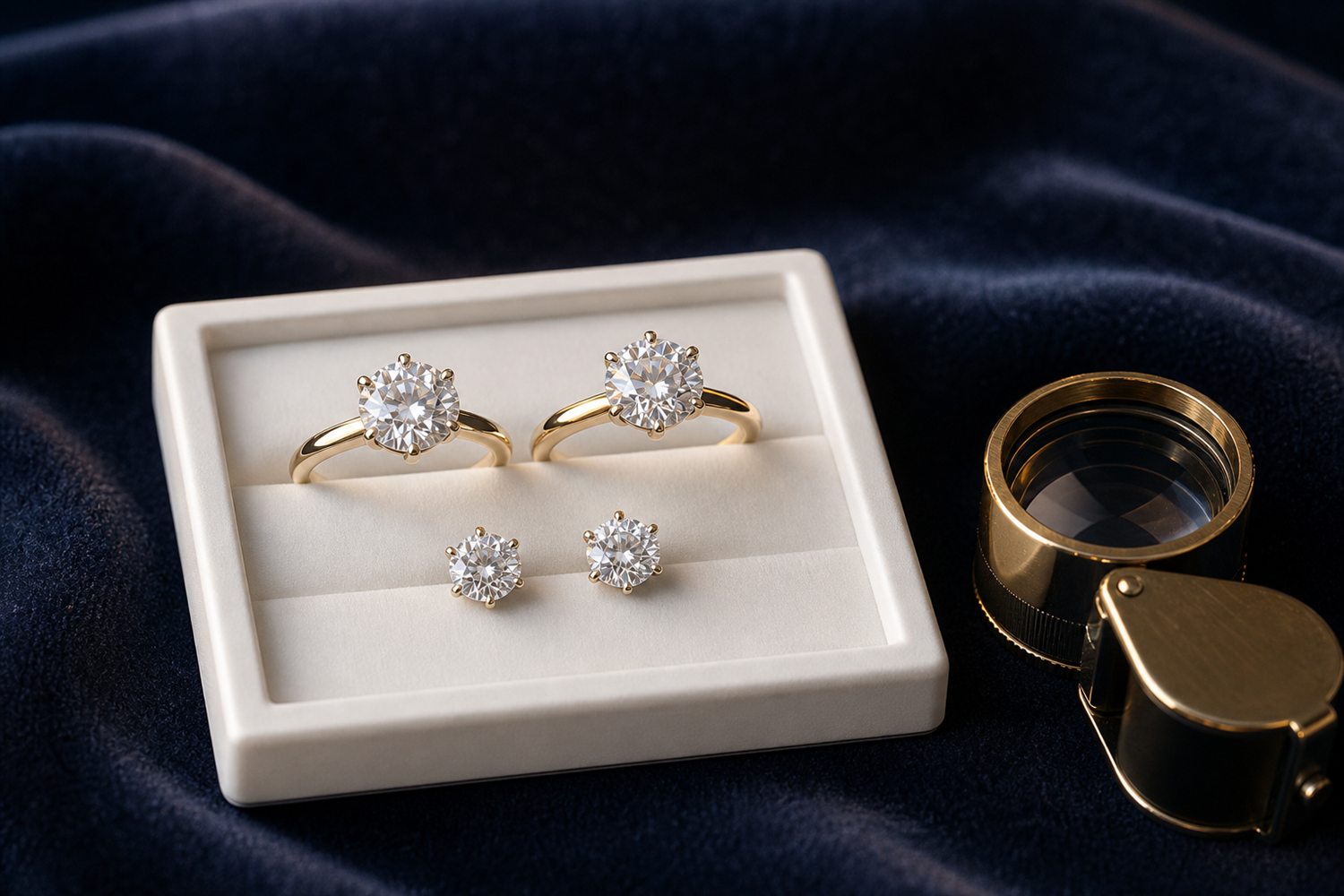 Zwei Diamant-Solit&auml;rringe und Diamant-Ohrstecker auf einem hellen Steintablett auf dunklem Samt &ndash; Diamantschmuck-Ankauf Dortmund
