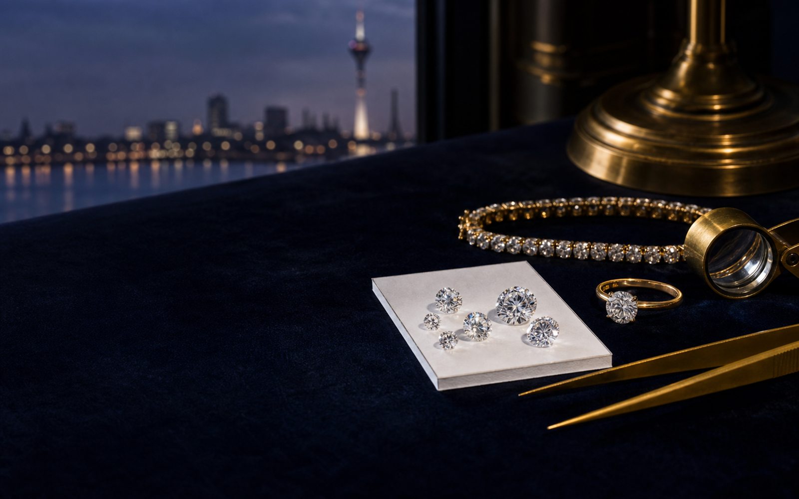Lose Brillanten auf einem Steinpapier, ein Solit&auml;rring und ein Diamantarmband auf dunklem Samt, daneben Lupe und Pinzette, im Hintergrund die Rheinuferpromenade mit Stadttor &ndash; Diamant verkaufen D&uuml;sseldorf