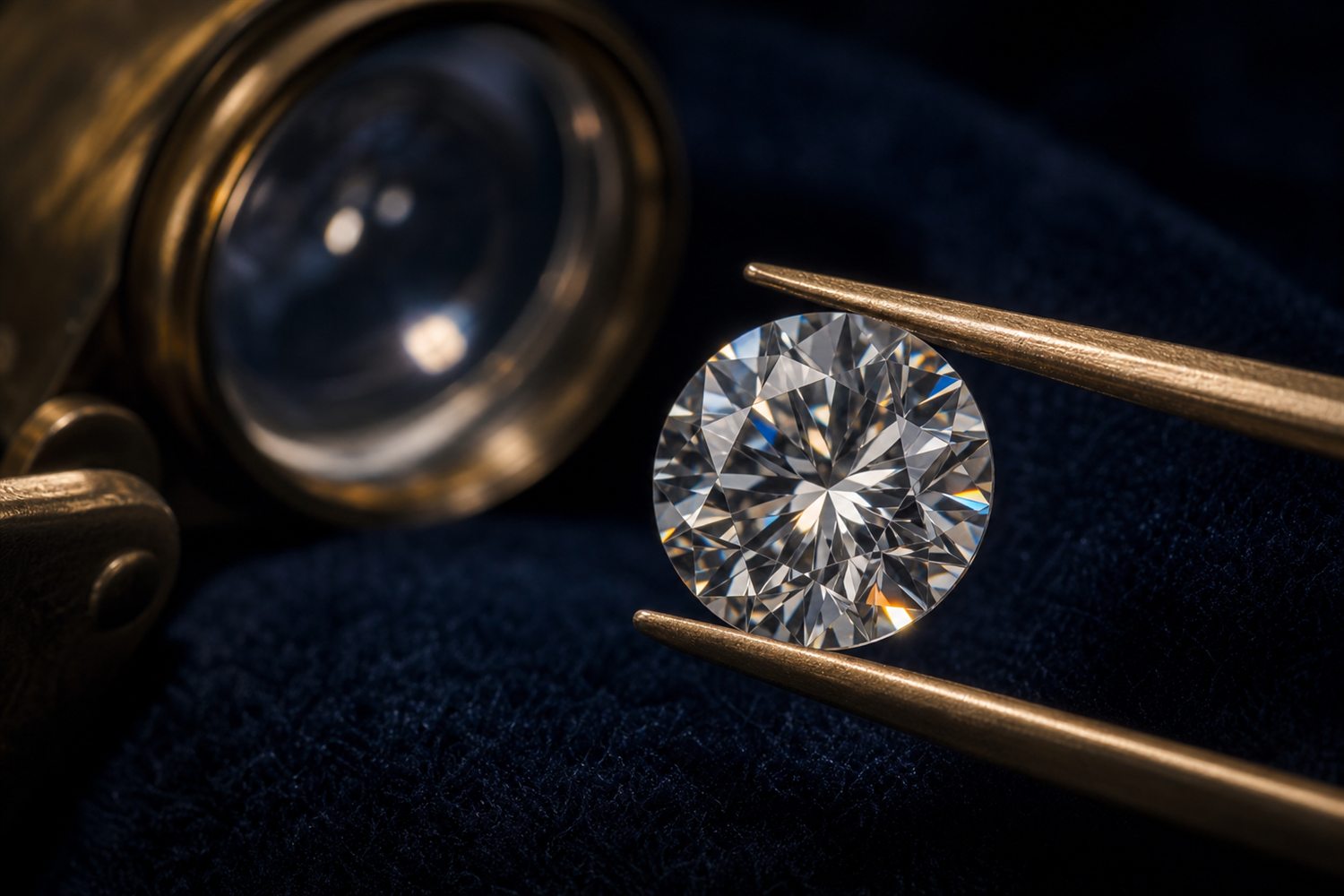 Loser Brillant in einer Pinzette unter der Lupe betrachtet auf dunklem Samt &ndash; Diamant-Bewertung nach den 4 C in D&uuml;sseldorf