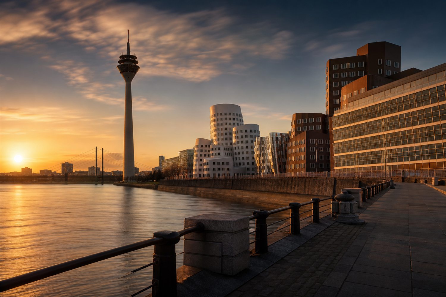 Die Rheinuferpromenade mit den Villen von Oberkassel und der Skyline am Rhein in D&uuml;sseldorf im Abendlicht &ndash; Diamant-Ankauf Region D&uuml;sseldorf