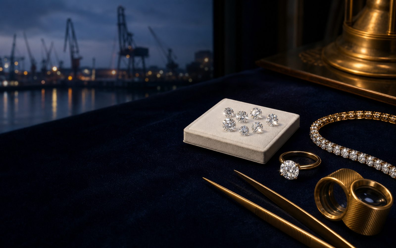 Lose Brillanten auf einem Steinpapier, ein Solit&auml;rring und ein Diamantarmband auf dunklem Samt, daneben Lupe und Pinzette, im Hintergrund die Silhouette des Duisburger Innenhafens &ndash; Diamant verkaufen Duisburg