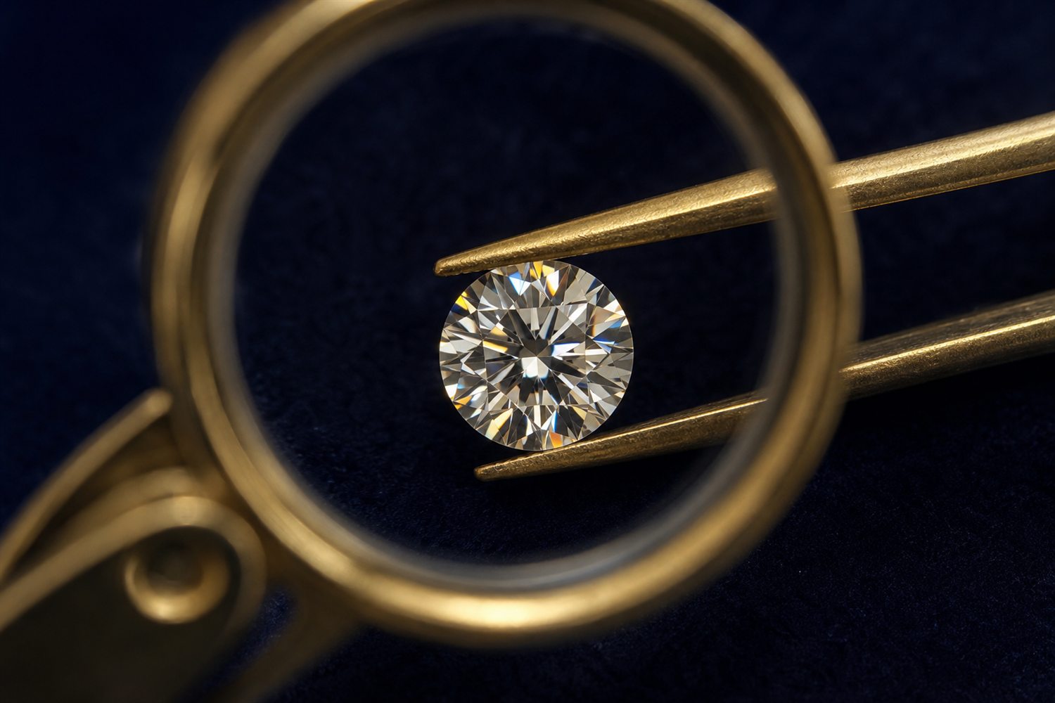 Loser Brillant in einer Pinzette unter der Lupe betrachtet auf dunklem Samt &ndash; Diamant-Bewertung nach den 4 C in Duisburg