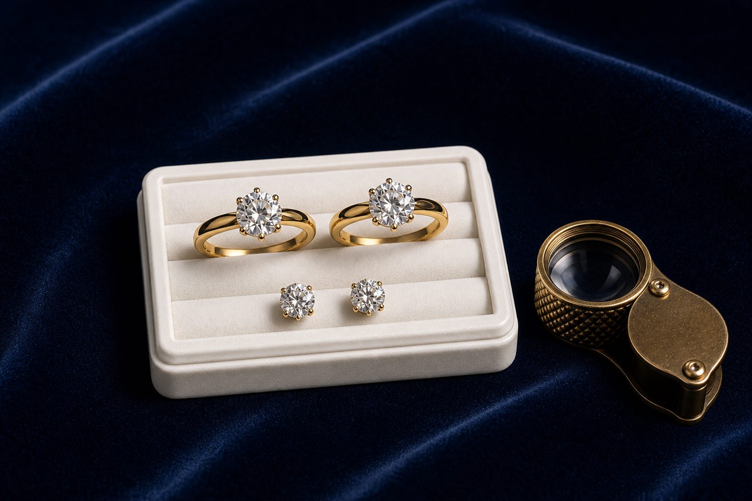 Zwei Diamant-Solit&auml;rringe und Diamant-Ohrstecker auf einem hellen Steintablett auf dunklem Samt &ndash; Diamantschmuck-Ankauf Duisburg