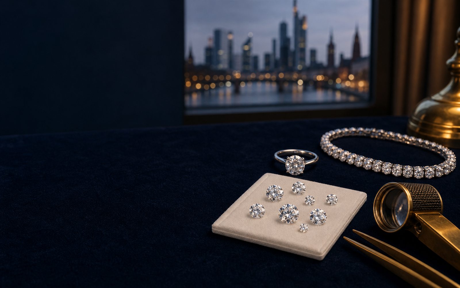 Lose Brillanten auf einem Steinpapier, ein Solit&auml;rring und ein Diamantarmband auf dunklem Samt, daneben Lupe und Pinzette, im Hintergrund die Frankfurter Bankenskyline &ndash; Diamant verkaufen Frankfurt