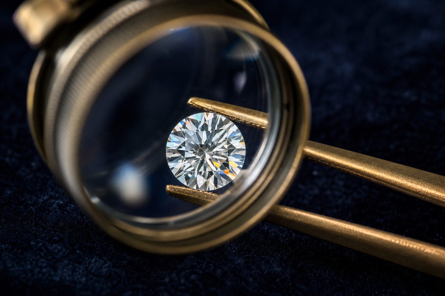 Loser Brillant in einer Pinzette unter der Lupe betrachtet auf dunklem Samt &ndash; Diamant-Bewertung nach den 4 C in Frankfurt