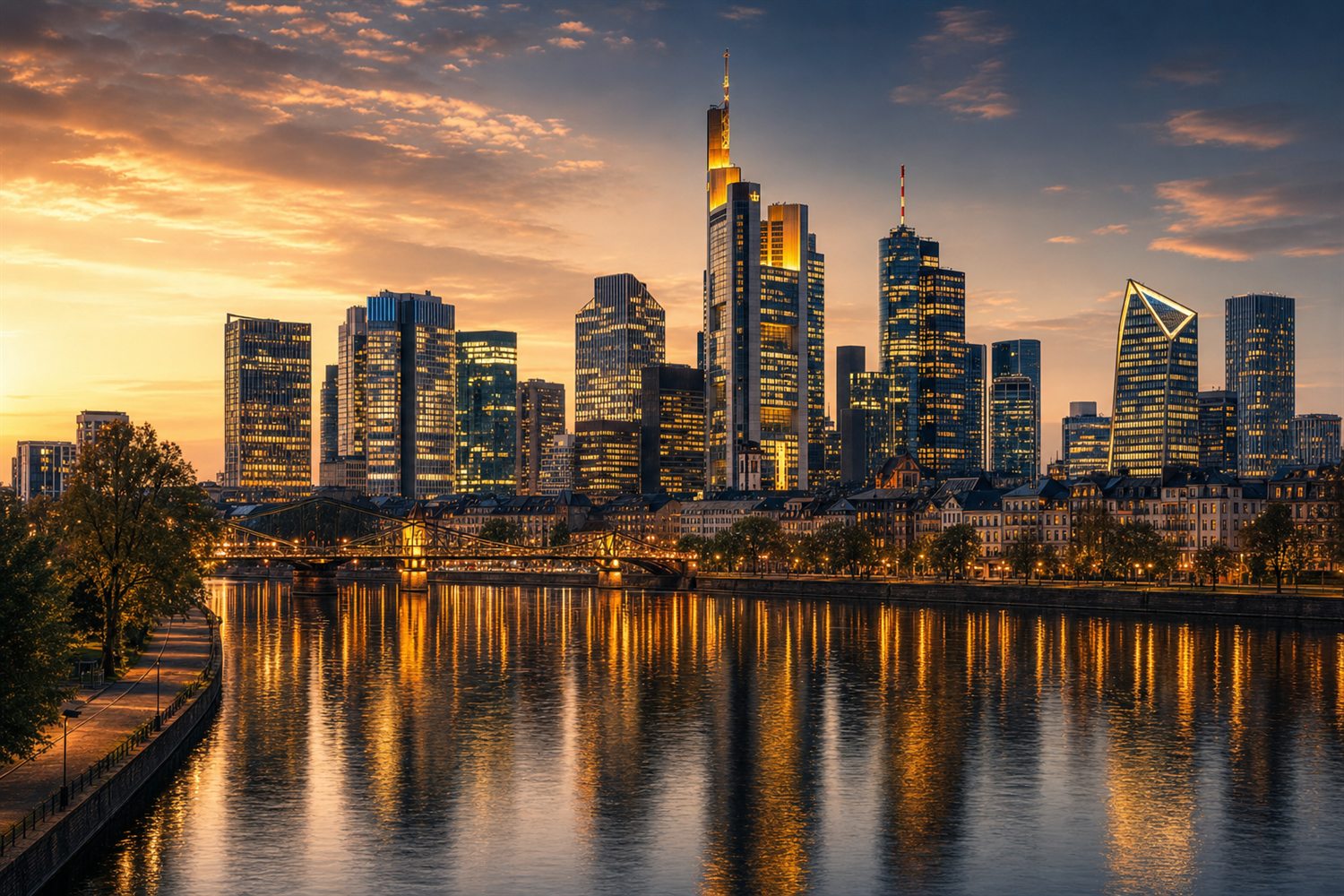 Die beleuchtete Frankfurter Bankenskyline mit den Hochh&auml;usern und der Alten Oper im Vordergrund im Abendlicht &ndash; Diamant-Ankauf Region Frankfurt