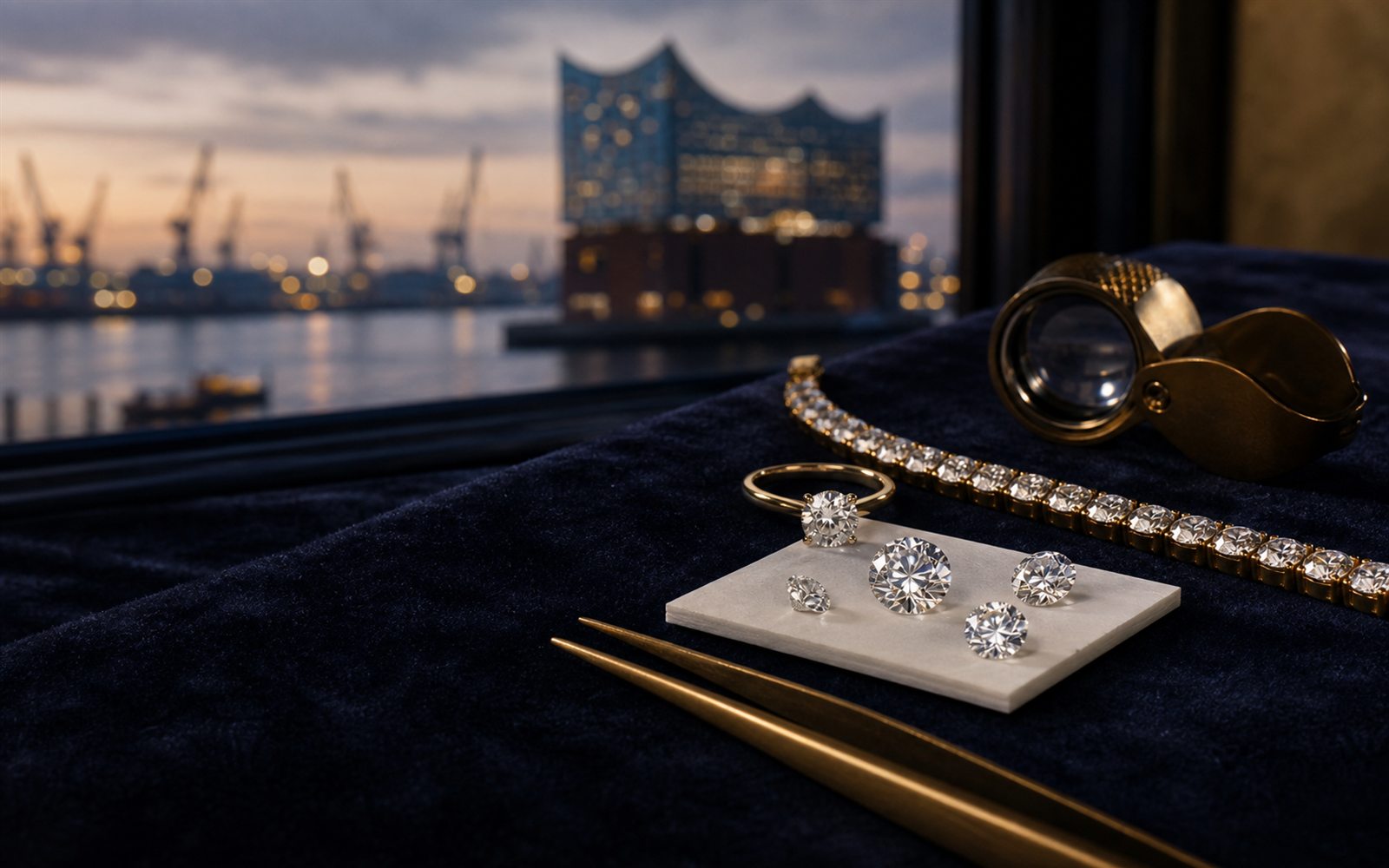 Lose Brillanten auf einem Steinpapier, ein Solit&auml;rring und ein Diamantarmband auf dunklem Samt, daneben Lupe und Pinzette, im Hintergrund die Silhouette der Elbphilharmonie &ndash; Diamant verkaufen Hamburg