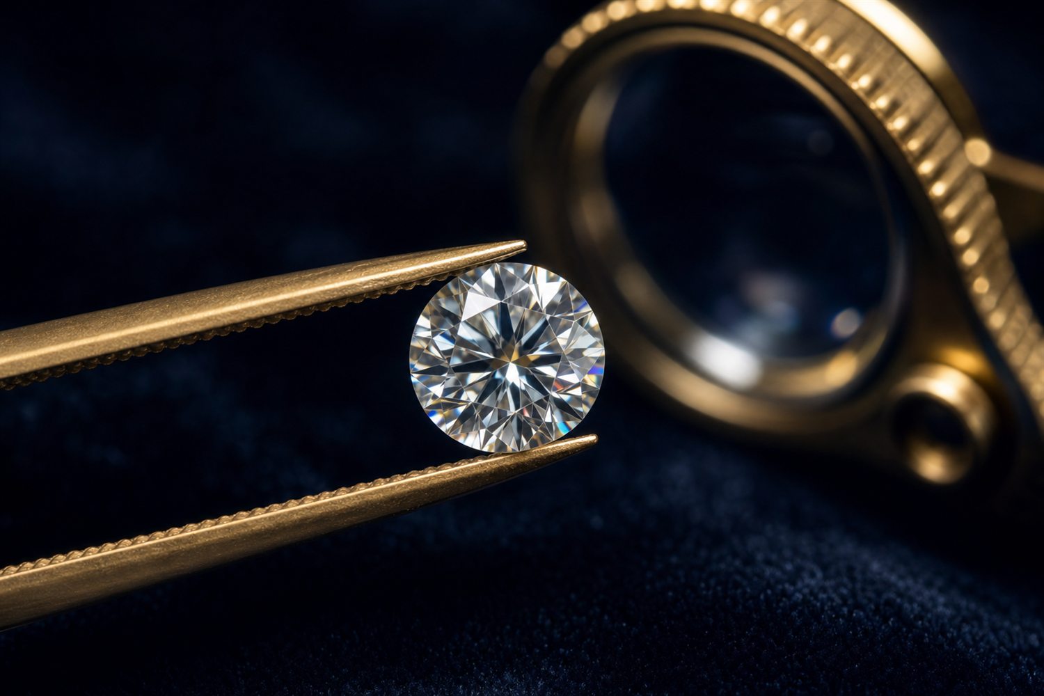 Loser Brillant in einer Pinzette unter der Lupe betrachtet auf dunklem Samt &ndash; Diamant-Bewertung nach den 4 C in Hamburg