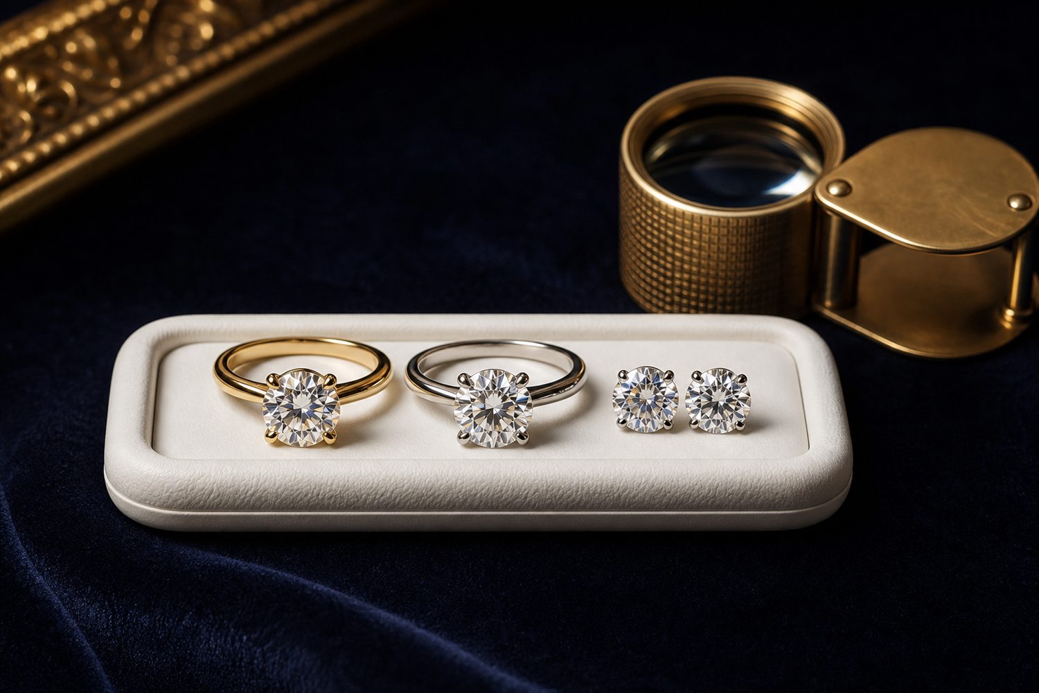 Zwei Diamant-Solit&auml;rringe und Diamant-Ohrstecker auf einem hellen Steintablett auf dunklem Samt &ndash; Diamantschmuck-Ankauf Hamburg