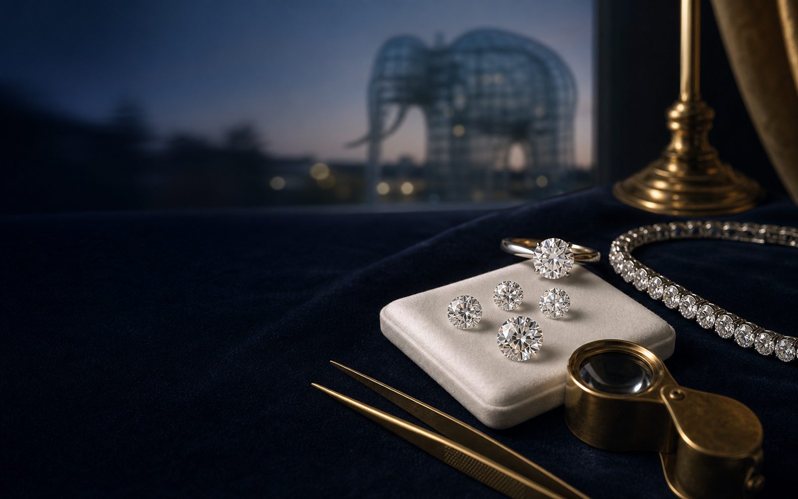 Lose Brillanten auf einem Steinpapier, ein Solit&auml;rring und ein Diamantarmband auf dunklem Samt, daneben Lupe und Pinzette, im Hintergrund die Doppelturm-Silhouette des Hammer Doms &ndash; Diamant verkaufen Hamm