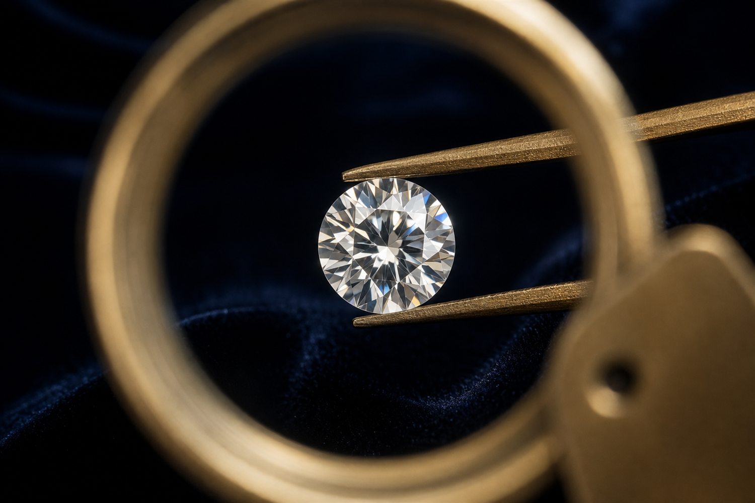 Loser Brillant in einer Pinzette unter der Lupe betrachtet auf dunklem Samt &ndash; Diamant-Bewertung nach den 4 C in Hamm