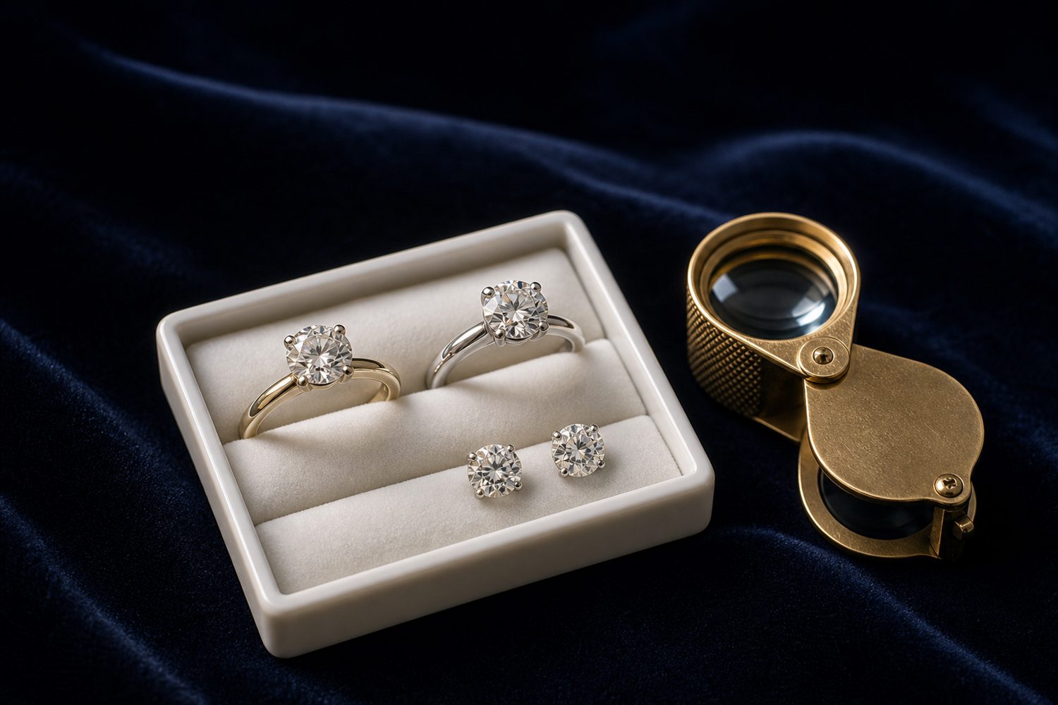 Zwei Diamant-Solit&auml;rringe und Diamant-Ohrstecker auf einem hellen Steintablett auf dunklem Samt &ndash; Diamantschmuck-Ankauf Hamm