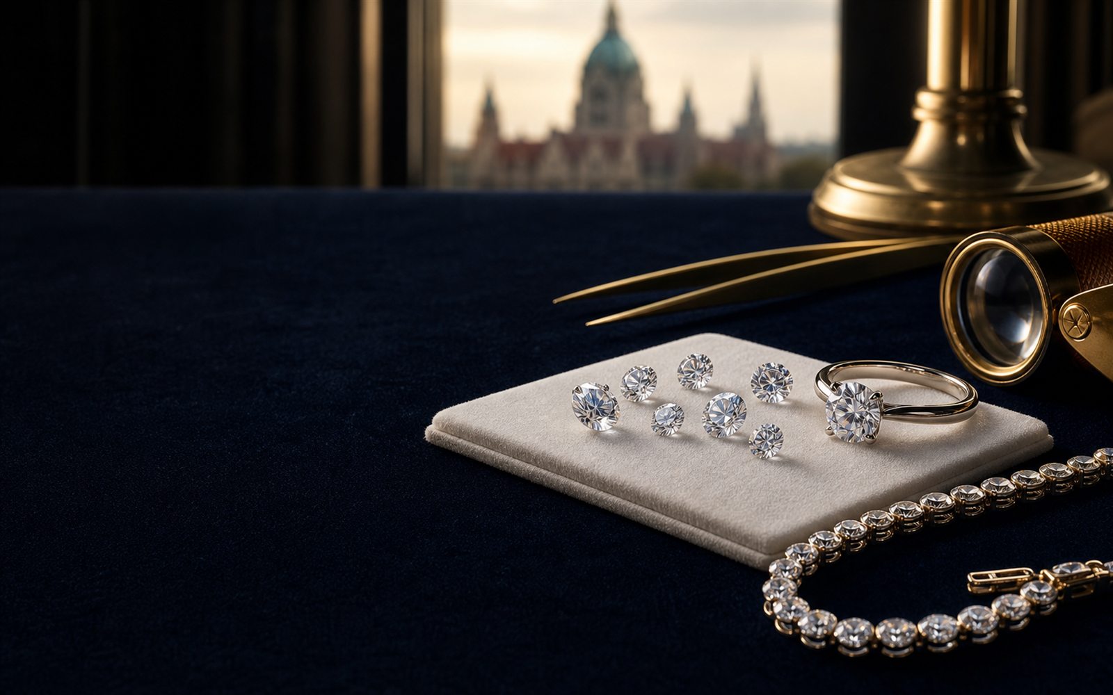 Lose Brillanten auf einem Steinpapier, ein Solit&auml;rring und ein Diamantarmband auf dunklem Samt, daneben Lupe und Pinzette, im Hintergrund die Silhouette des Neuen Rathauses &ndash; Diamant verkaufen Hannover