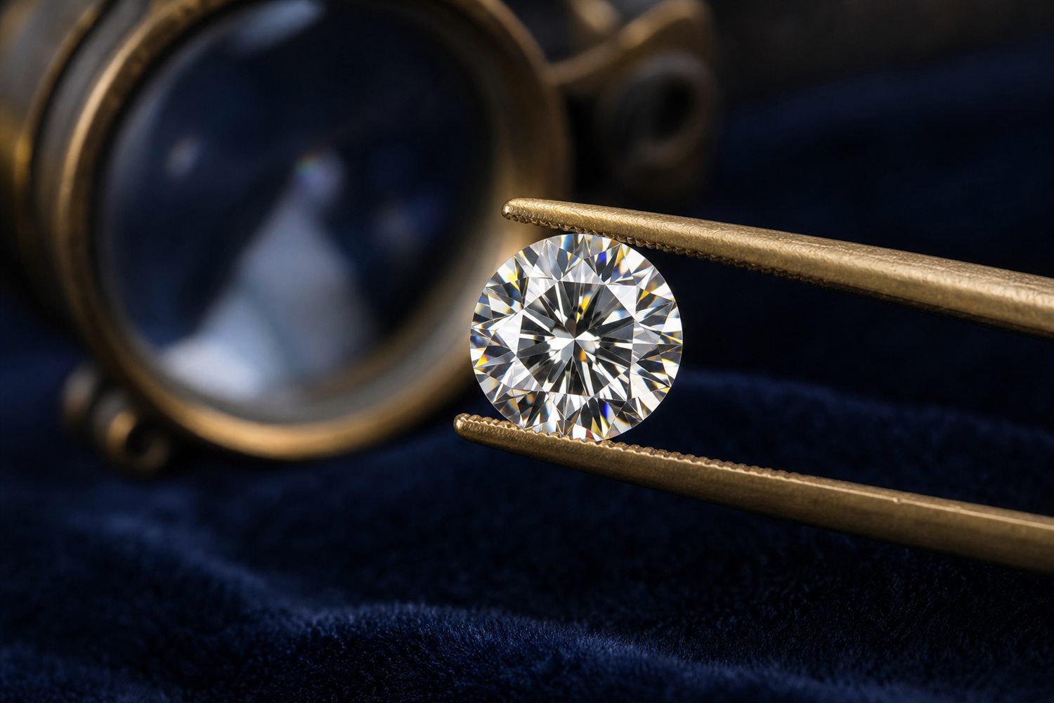 Loser Brillant in einer Pinzette unter der Lupe betrachtet auf dunklem Samt &ndash; Diamant-Bewertung nach den 4 C in Hannover