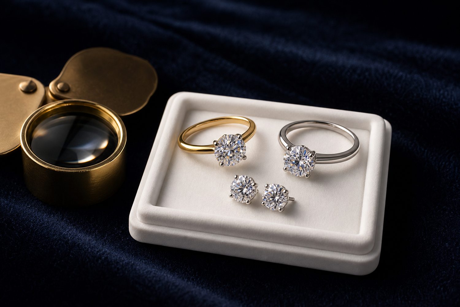 Zwei Diamant-Solit&auml;rringe und Diamant-Ohrstecker auf einem hellen Steintablett auf dunklem Samt &ndash; Diamantschmuck-Ankauf Hannover