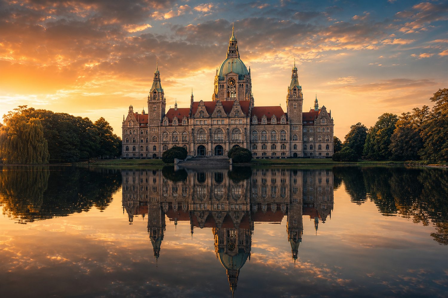 Die historistische Fassade des Neuen Rathauses Hannover mit Kuppel, gespiegelt im Maschteich im Abendlicht &ndash; Diamant-Ankauf Region Hannover