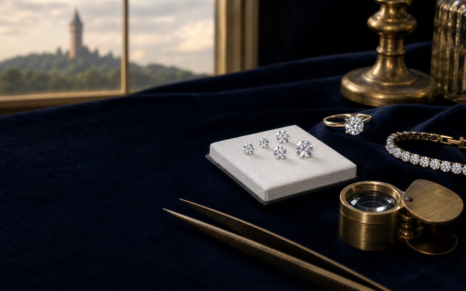 Lose Brillanten auf einem Steinpapier, ein Solit&auml;rring und ein Diamantarmband auf dunklem Samt, daneben Lupe und Pinzette, im Hintergrund die Doppelturm-Silhouette des Iserlohner Doms &ndash; Diamant verkaufen Iserlohn