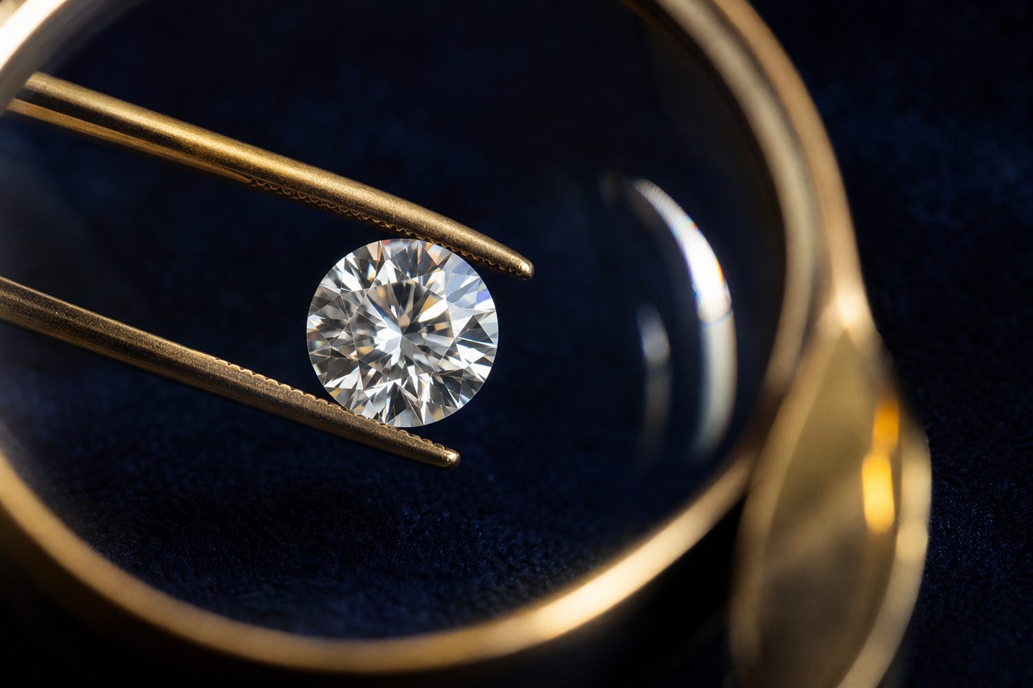 Loser Brillant in einer Pinzette unter der Lupe betrachtet auf dunklem Samt &ndash; Diamant-Bewertung nach den 4 C in Iserlohn