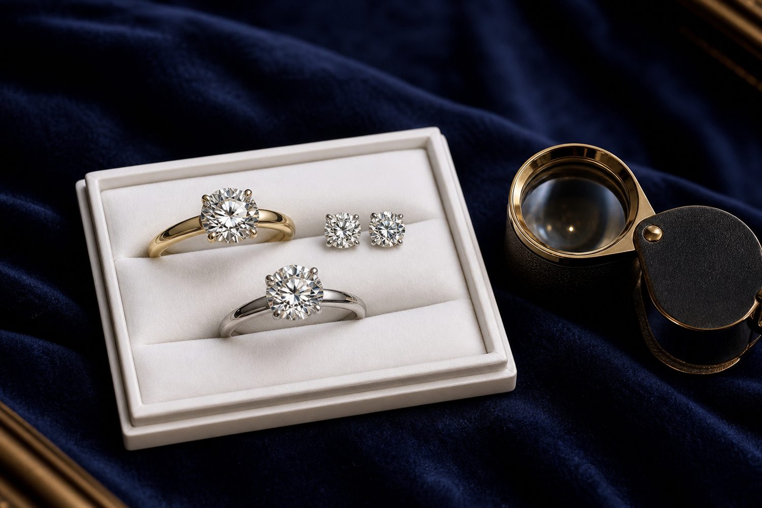 Zwei Diamant-Solit&auml;rringe und Diamant-Ohrstecker auf einem hellen Steintablett auf dunklem Samt &ndash; Diamantschmuck-Ankauf Iserlohn