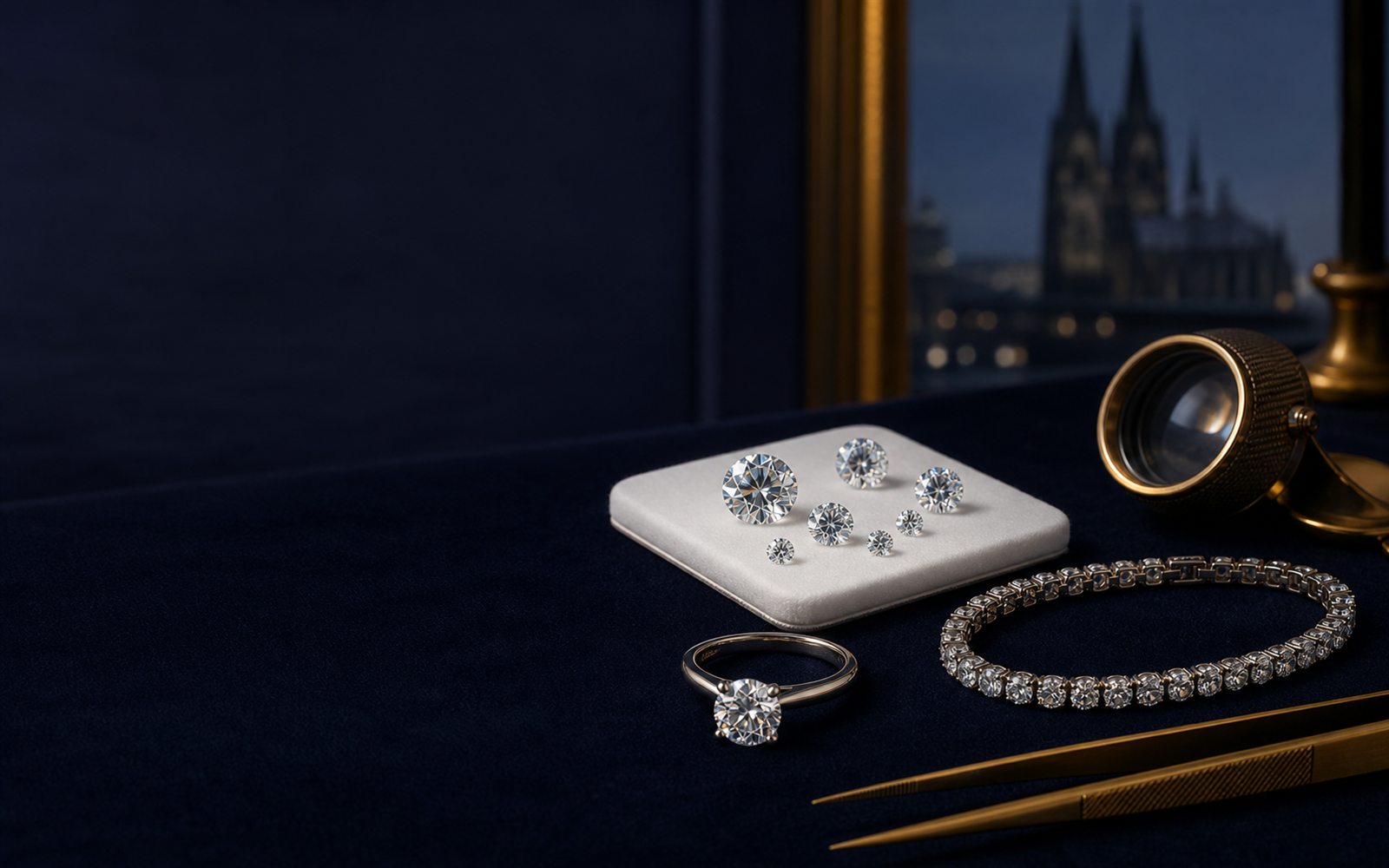 Lose Brillanten auf einem Steinpapier, ein Solit&auml;rring und ein Diamantarmband auf dunklem Samt, daneben Lupe und Pinzette, im Hintergrund die Doppelturm-Silhouette des K&ouml;lner Doms &ndash; Diamant verkaufen K&ouml;ln