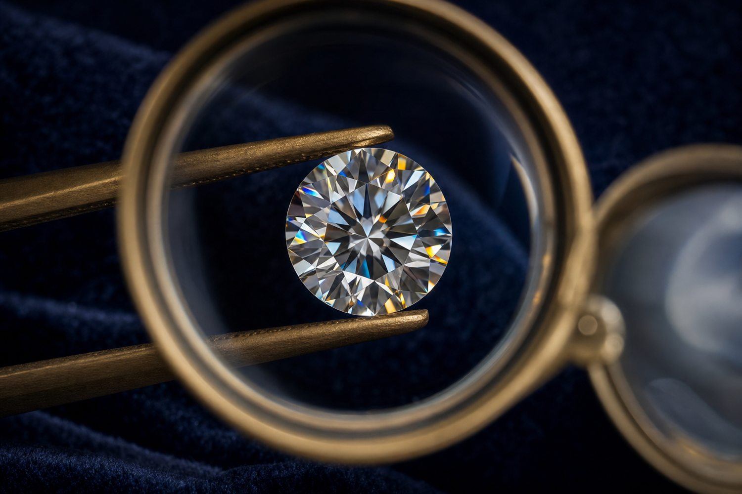 Loser Brillant in einer Pinzette unter der Lupe betrachtet auf dunklem Samt &ndash; Diamant-Bewertung nach den 4 C in K&ouml;ln