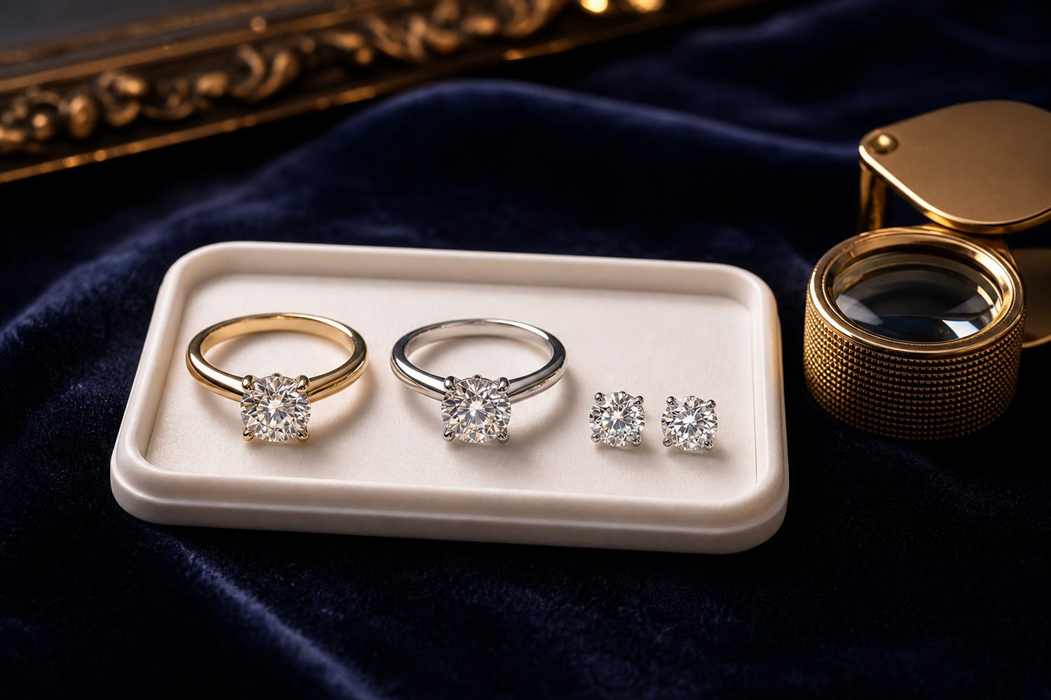 Zwei Diamant-Solit&auml;rringe und Diamant-Ohrstecker auf einem hellen Steintablett auf dunklem Samt &ndash; Diamantschmuck-Ankauf K&ouml;ln