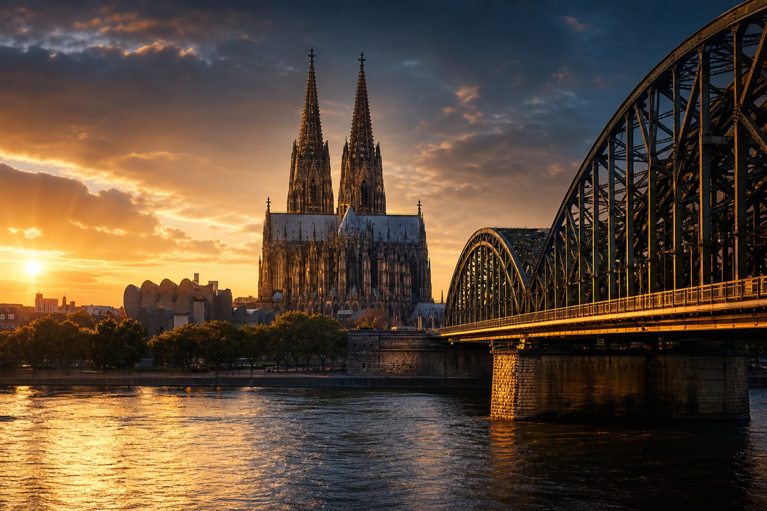Die beiden gotischen T&uuml;rme des K&ouml;lner Doms &uuml;ber dem Rhein im Abendlicht &ndash; Diamant-Ankauf Region K&ouml;ln