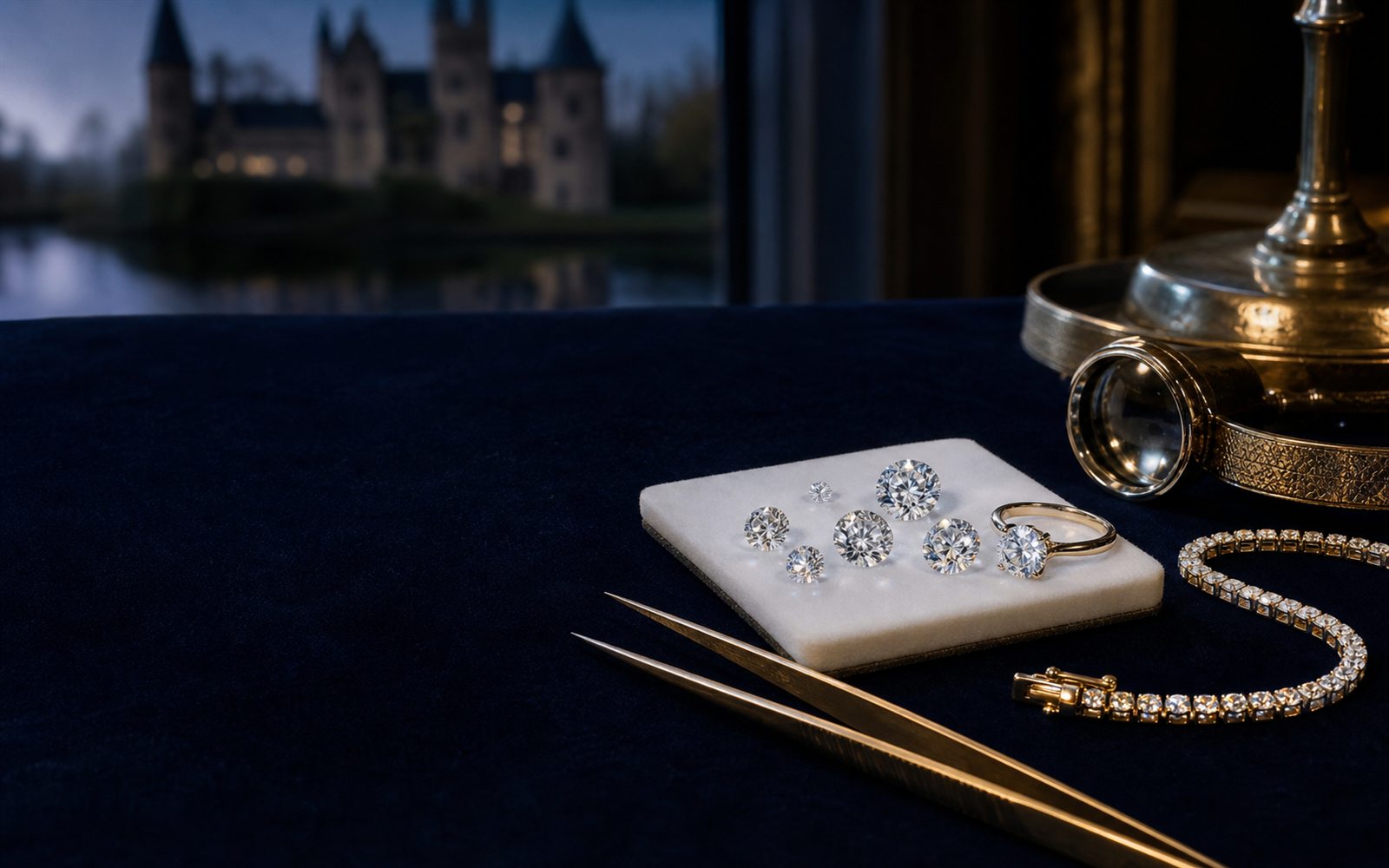 Lose Brillanten auf einem Steinpapier, ein Solit&auml;rring und ein Diamantarmband auf dunklem Samt, daneben Lupe und Pinzette, im Hintergrund die Doppelturm-Silhouette des Krefelder Doms &ndash; Diamant verkaufen Krefeld