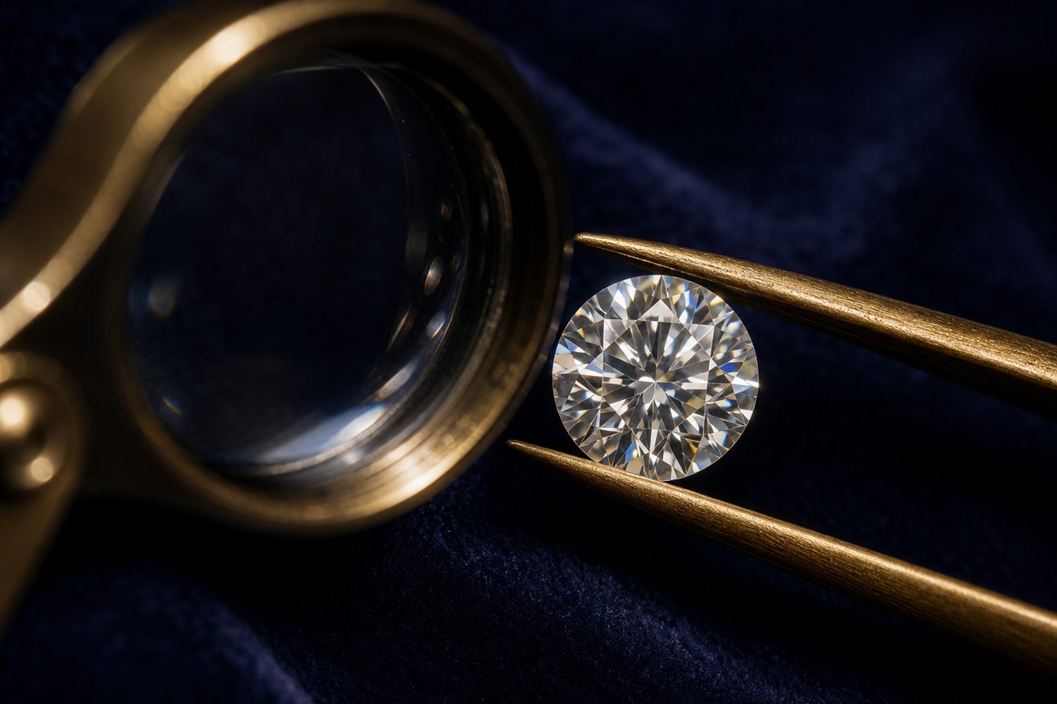 Loser Brillant in einer Pinzette unter der Lupe betrachtet auf dunklem Samt &ndash; Diamant-Bewertung nach den 4 C in Krefeld