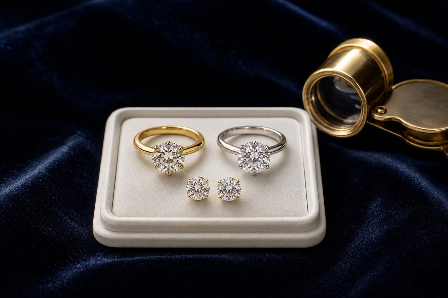 Zwei Diamant-Solit&auml;rringe und Diamant-Ohrstecker auf einem hellen Steintablett auf dunklem Samt &ndash; Diamantschmuck-Ankauf Krefeld