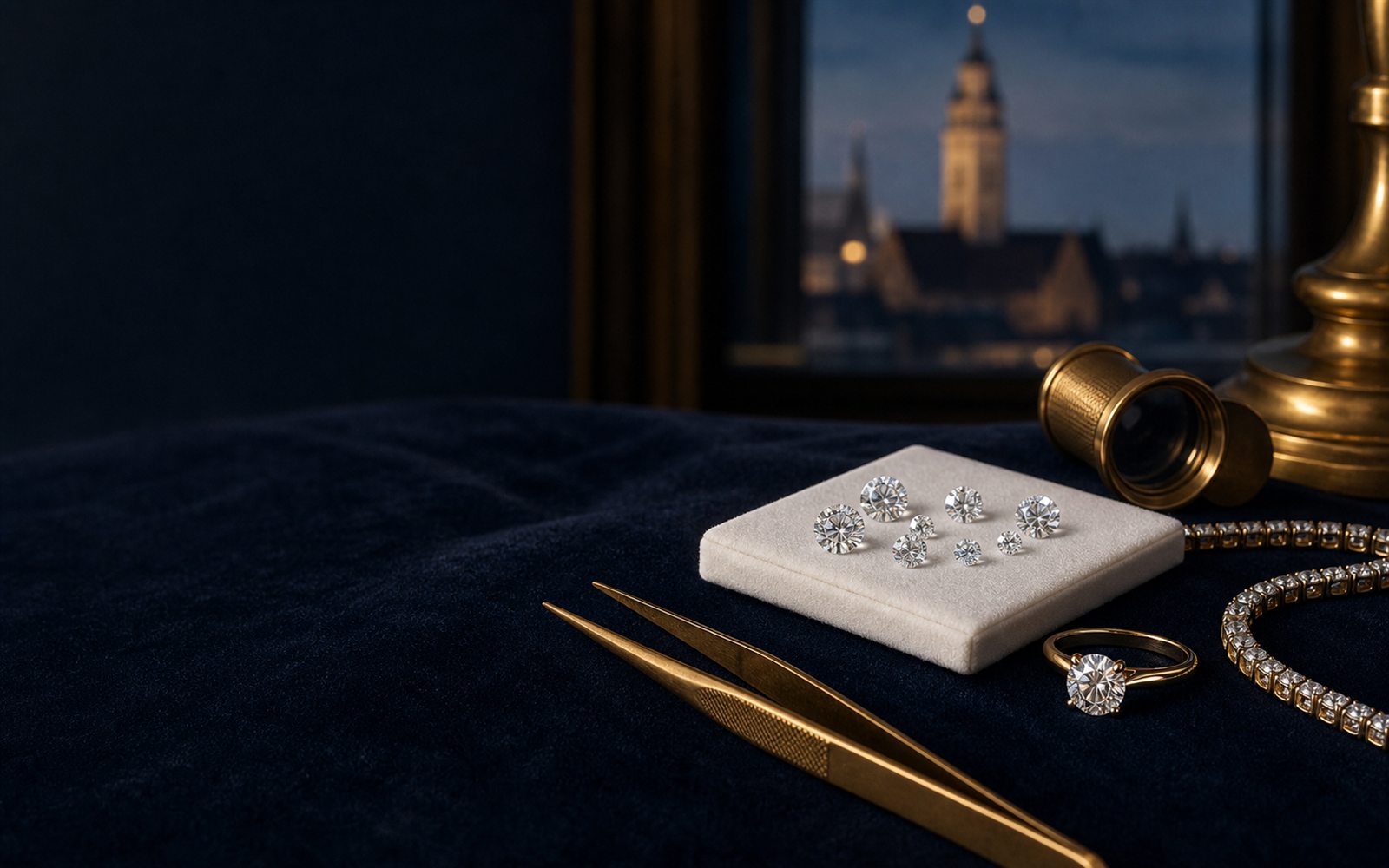 Lose Brillanten auf einem Steinpapier, ein Solit&auml;rring und ein Diamantarmband auf dunklem Samt, daneben Lupe und Pinzette, im Hintergrund die Silhouette des V&ouml;lkerschlachtdenkmals &ndash; Diamant verkaufen Leipzig