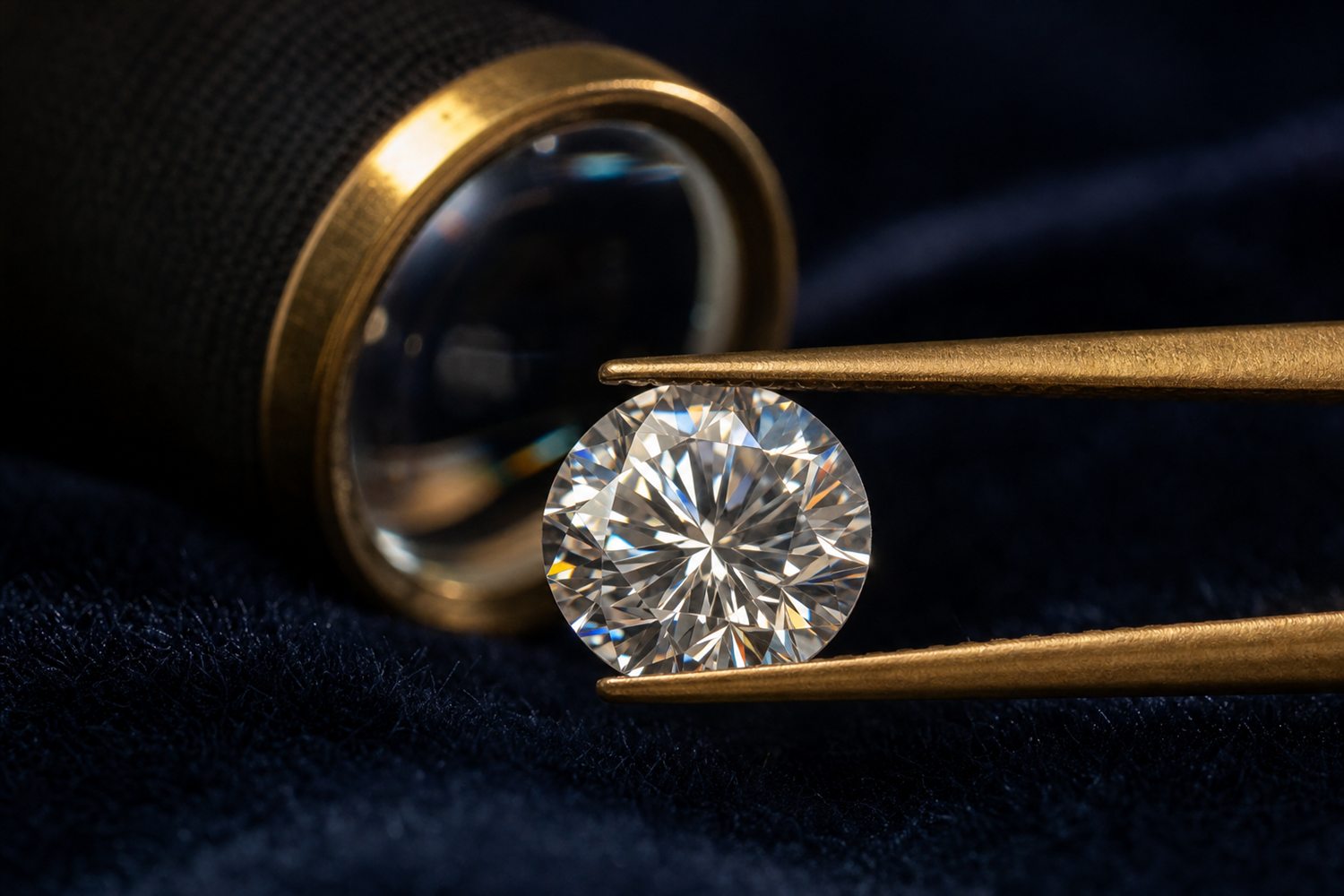 Loser Brillant in einer Pinzette unter der Lupe betrachtet auf dunklem Samt &ndash; Diamant-Bewertung nach den 4 C in Leipzig