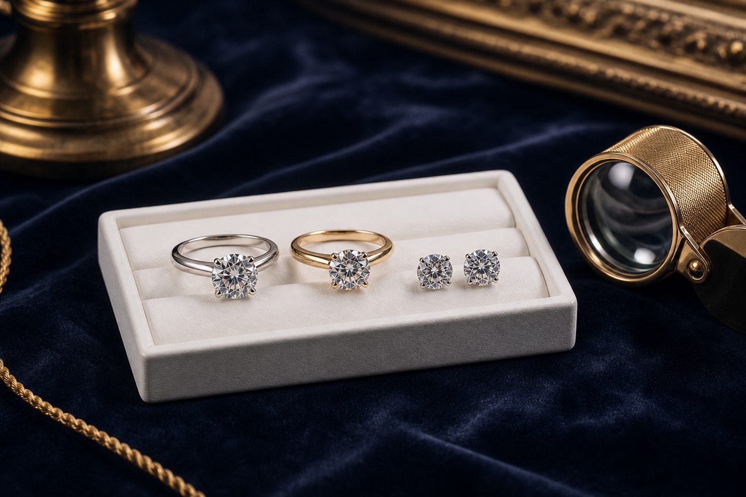 Zwei Diamant-Solit&auml;rringe und Diamant-Ohrstecker auf einem hellen Steintablett auf dunklem Samt &ndash; Diamantschmuck-Ankauf Leipzig