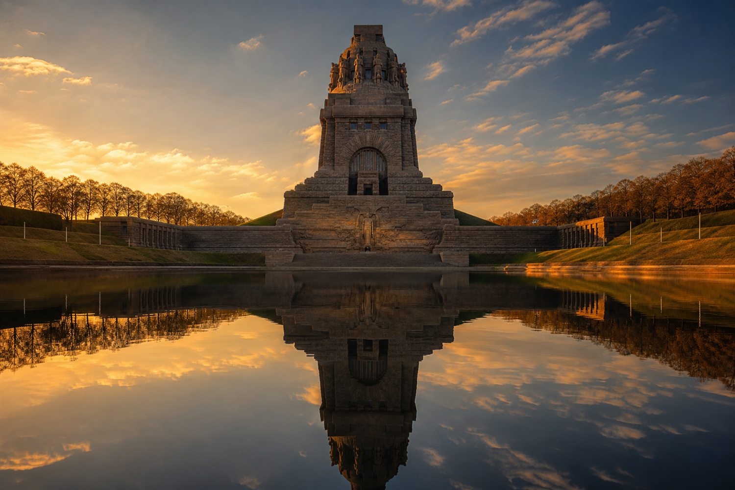 Das V&ouml;lkerschlachtdenkmal in Leipzig im Abendlicht, im Vordergrund die historische Stadtkulisse &ndash; Diamant-Ankauf Region Leipzig