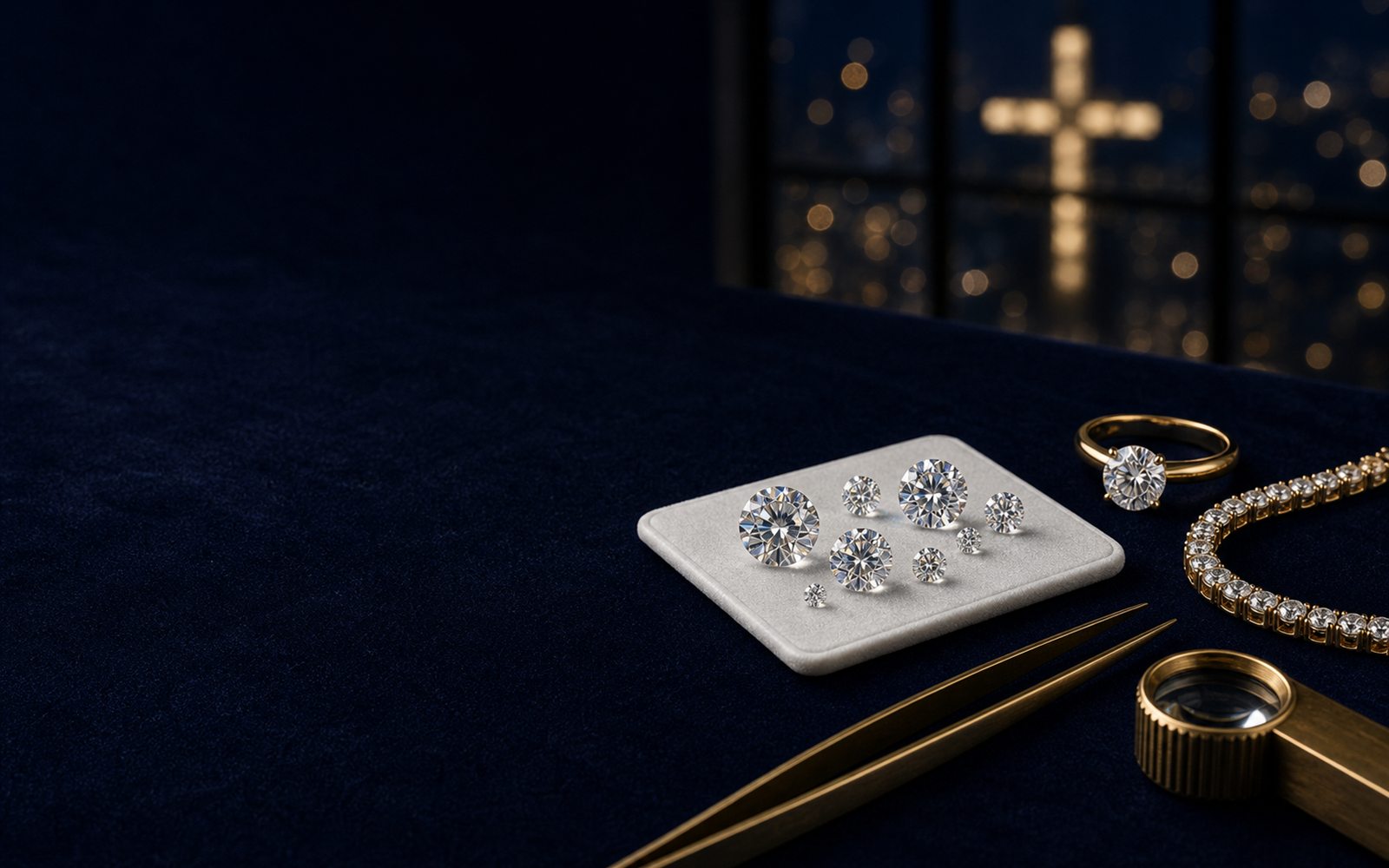 Lose Brillanten auf einem Steinpapier, ein Solit&auml;rring und ein Diamantarmband auf dunklem Samt, daneben Lupe und Pinzette, im Hintergrund die Doppelturm-Silhouette des Leverkusener Doms &ndash; Diamant verkaufen Leverkusen